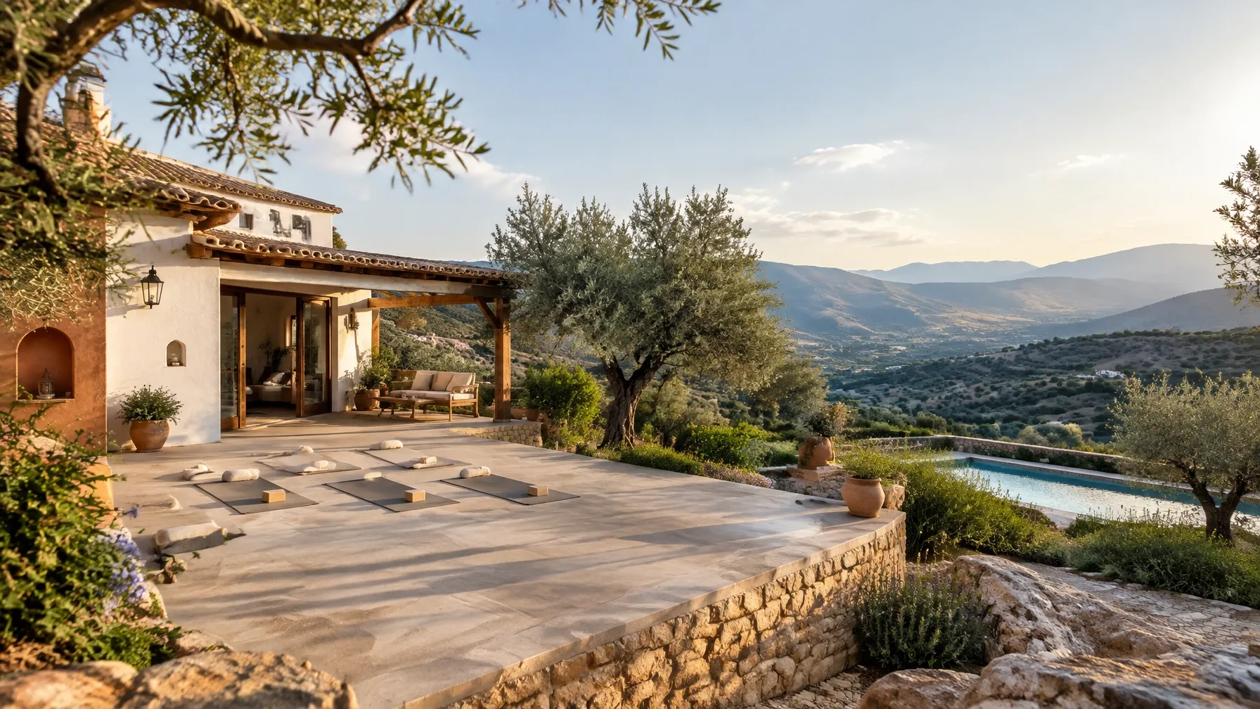 Yoga terrace overlooking the mountains at Mahara Nivasa in Andalusia