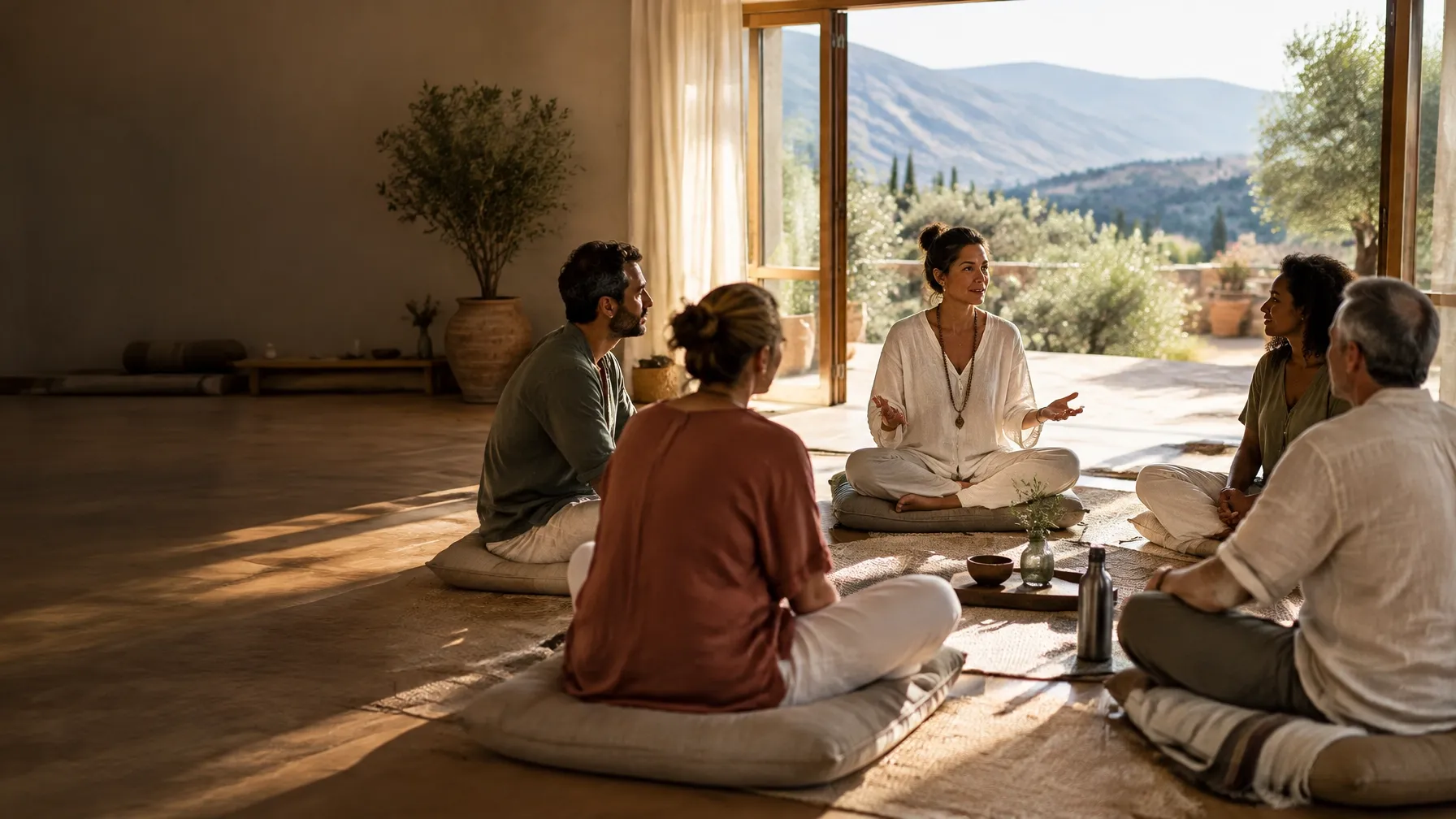 Maneesha guiding students in a reflective circle at a sunlit Andalusian retreat space
